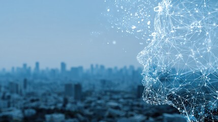 Digital human head with city background