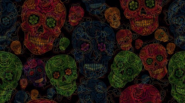 Vibrant Skulls Pattern with Day of the Dead Celebrations in a Dark Background from a Direct Viewpoint
