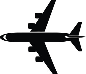 A single black airplane flying, minimal flat vector, aerial view illustration