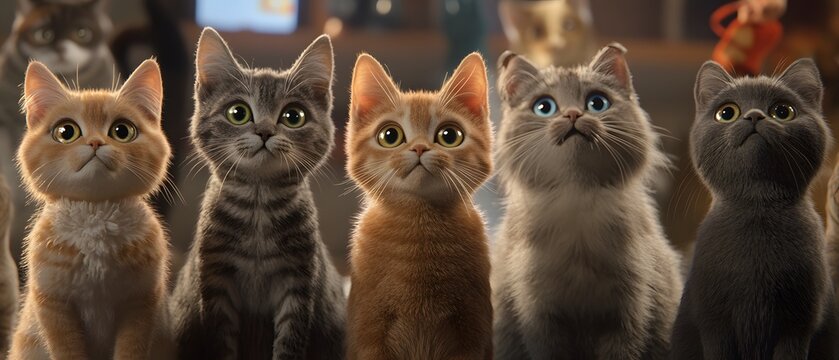 A charming group of five adorable kittens sitting together, showcasing their distinct fur patterns and curious expressions. Perfect for cat lovers and pet-themed projects.