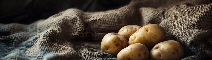 A close-up shot of fresh potatoes resting on a rustic fabric, showcasing their earthy tones and textures. This image highlights the natural beauty of farm-fresh produce.