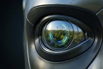 Extreme Close-up of Robotic Eye Reflecting Wind Turbines and Green Forest for Sustainable AI Vision and Future Energy Concept