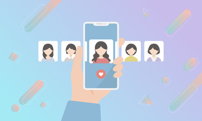 マッチングアプリ (出会い系サイト) で理想の女性を探すベクターイラスト。婚活。