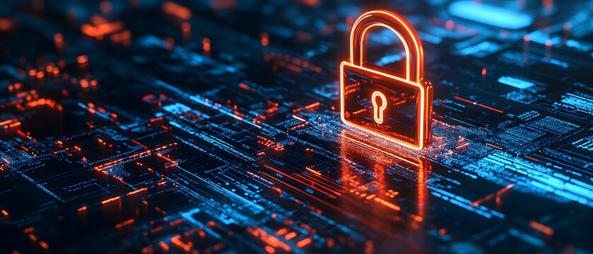 A digital lock icon surrounded by glowing circuitry, symbolizing cybersecurity and data protection in the digital age.