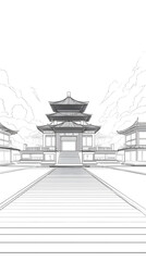 Minimalist Line Art Asian Temple Architecture Illustration
