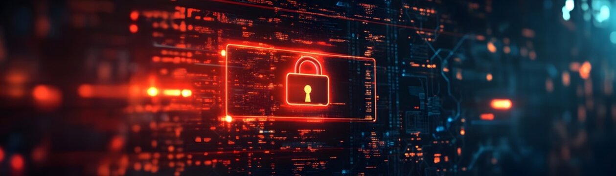 A futuristic digital interface showcasing a glowing red lock symbolizing cybersecurity and data protection. This high-tech background represents advanced technology and innovation.