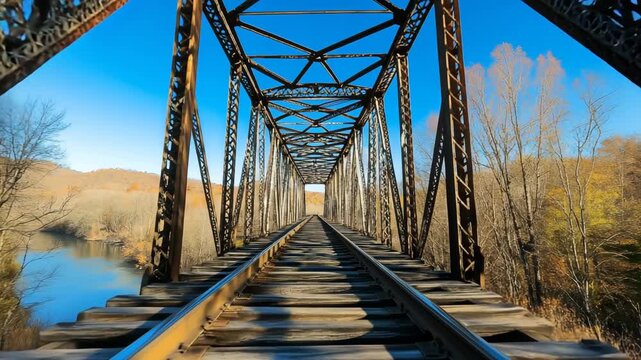 Industrial bridge over river during autumn with rusty steel truss structure moving forward along train tracks