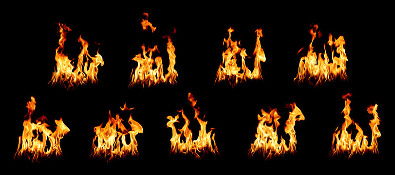 Collection of realistic fire flames isolated on black background, high resolution blazing fire elements set, perfect for overlay design, heat effect, burning texture and dramatic graphic compositions.