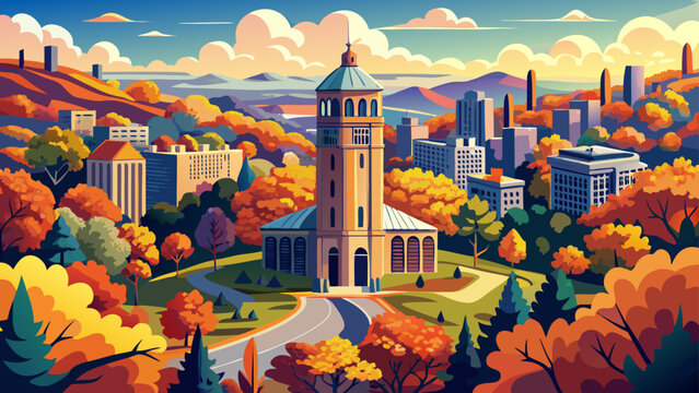 Very beautiful aerial autumn view of a historic memorial tower rising above colorful fall foliage in Ann Arbor&rsquo;s vibrant cityscape.
