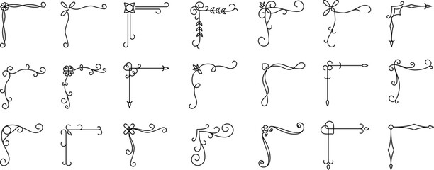 A collection of simple decorative border flourishes and corner designs is shown for use in layouts. Vector illustration set © woters