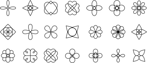 A geometric and floral line icons in black on white, featuring symmetric petal-like shapes, diamonds and loops, suitable as dividers or design elements. Vector illustration set