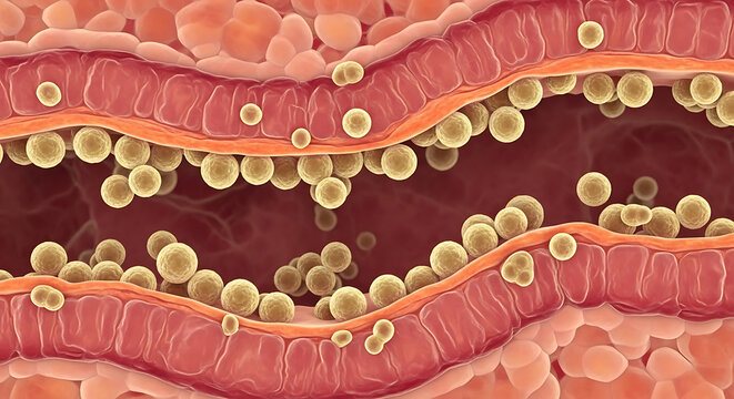 3D Illustration of Microscopic Bacteria or Cells Inside a Human Vein or Blood Vessel Duct