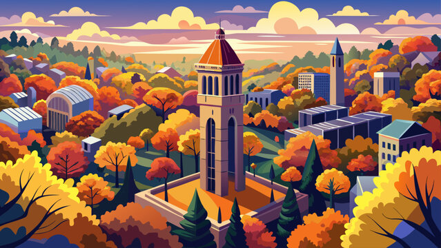 Very beautiful aerial autumn view of a historic memorial tower rising above colorful fall foliage in Ann Arbor&rsquo;s vibrant cityscape.
