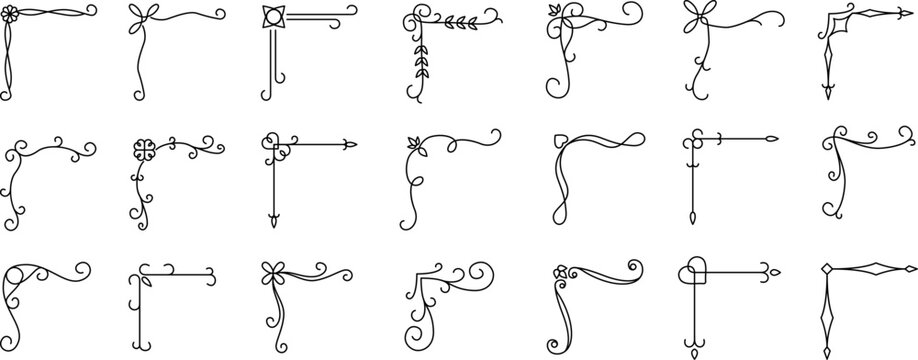 A collection of simple decorative border flourishes and corner designs is shown for use in layouts. Vector illustration set