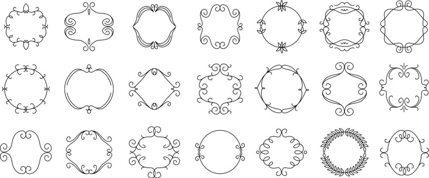Collection of ornate circular frames and border ornaments in black line, featuring symmetrical scrollwork designs for dividers, labels, or invitations arranged on white. Vector illustration set