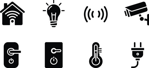Fototapeta premium Smart home black and white technology automation house smart home, black and white, technology, automation, house, light bulb, security camera, door lock, thermostat, plug, wireless signal, power butt