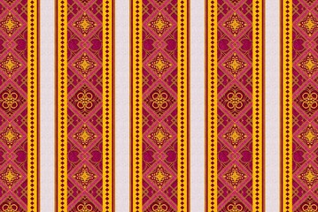 Seamless vertical stripe pattern in rich burgundy and golden yellow, adorned with intricate ornamental and geometric motifs, creating a luxurious traditional design