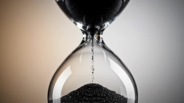 Hourglass with black sand pouring in close-up, symbolizing time passing and deadlines