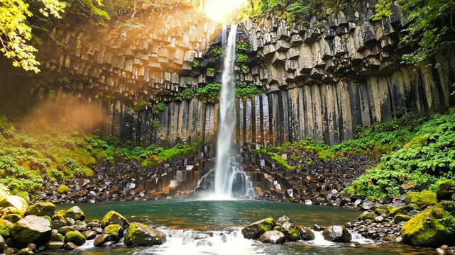 Waterfall cascading over hexagonal rock columns