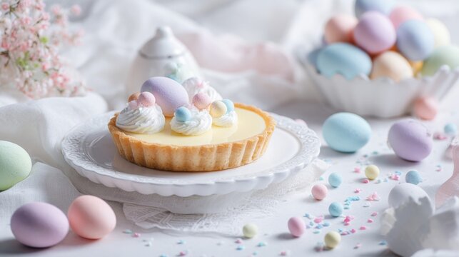 Easter mini lemon tart with pastel eggs and whipped cream on white table
