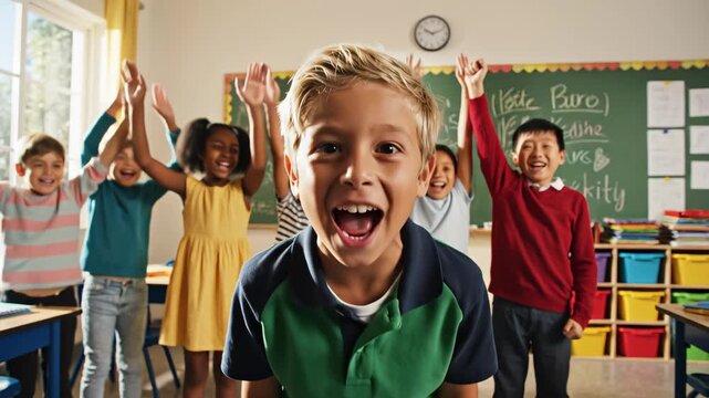 Children in classroom raising hands