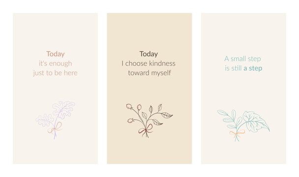 Minimal self care affirmations stories template with botanical line art in soft pastel colors