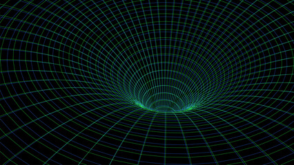 Futuristic vector sci-fi circle portal in space. 3D blue ai tunnel with dots and lines. Abstract digital wormhole data. Flow particle by funnel. Fantasy glitch circle vortex on dark background. © ASdesign0714