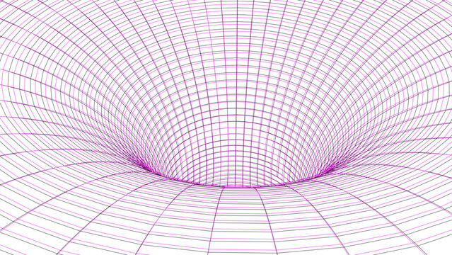 Futuristic vector sci-fi circle portal in space. 3D purple ai tunnel with dots and lines. Abstract digital wormhole data. Flow particle by funnel. Fantasy glitch circle vortex on light background.