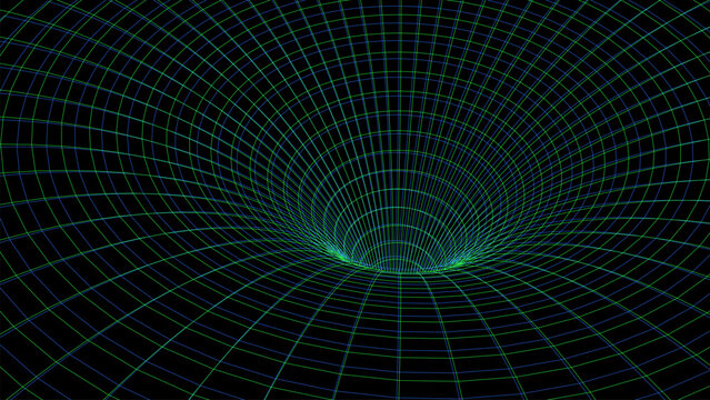 Futuristic vector sci-fi circle portal in space. 3D blue ai tunnel with dots and lines. Abstract digital wormhole data. Flow particle by funnel. Fantasy glitch circle vortex on dark background.