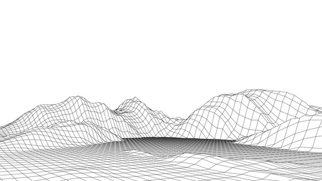 Abstract white mountains on background. 3D topography map of terrain planet Earth. Vector grid landscape with lines and dots. Cyber perspective network of the wave terrain. Concept digital topographic