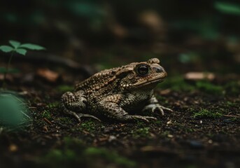 Obraz premium A close-up view of a large common toad resting quietly on damp moss and soil in a deeply shaded woodland ecosystem ,skin ,outdoors ,springtime