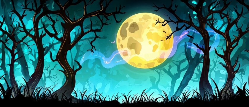 Eerie Full Moon Night in Spooky Forest Illustration