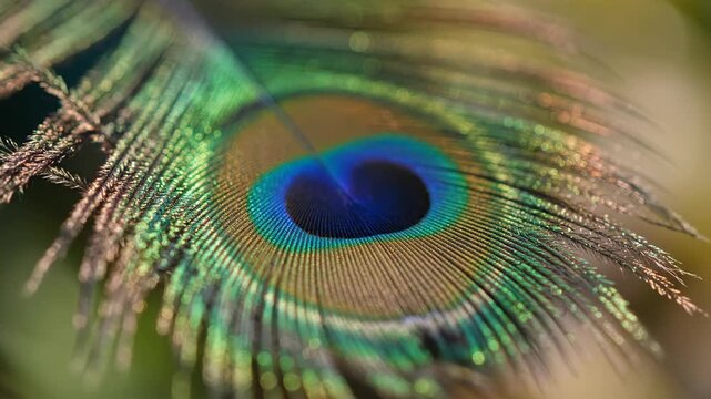 Detailed close-up macro view of a vibrant peacock feather with iridescent colors and intricate patterns