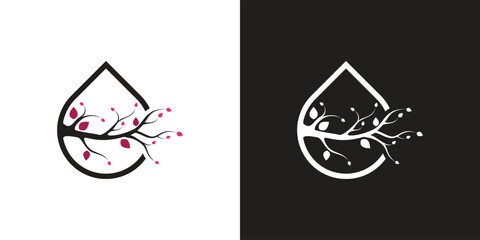 Elegant water drop logo with tree branch and leaves nature concept. © @Three