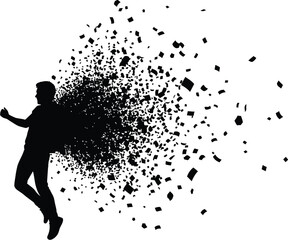 Silhouette man running into exploding fragments, abstract motion, dynamic action, vector illustration