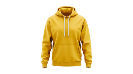 Vibrant yellow hoodie with white drawstrings on plain background