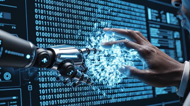 Human hand and robotic arm interacting with digital code