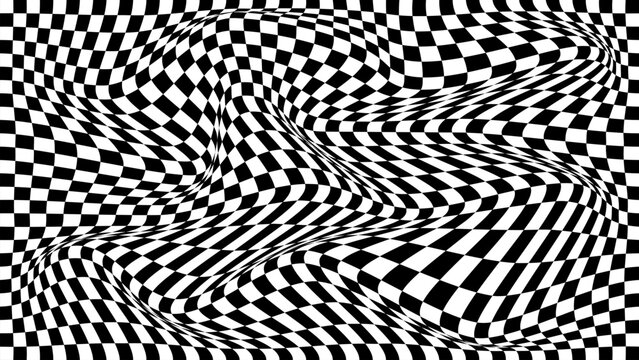 Floor in tile checker. Vector pattern of optical illusion. Moving wave with black and white squares. Op art. Background with chessboard grid. Abstract distorted texture. Psychedelic illustration.
