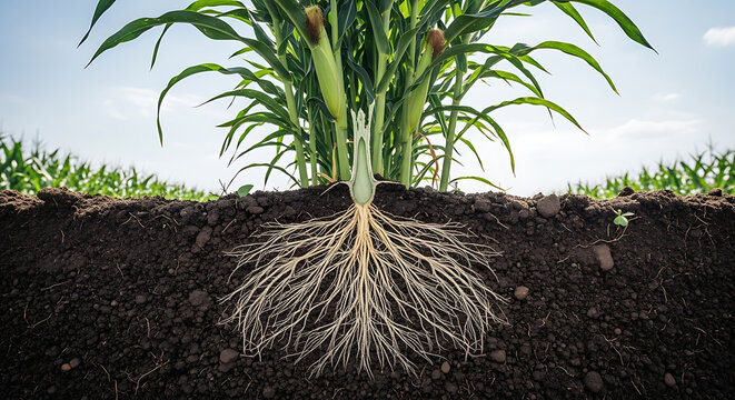 Cross section view of corn plant showing complex root system in healthy soil