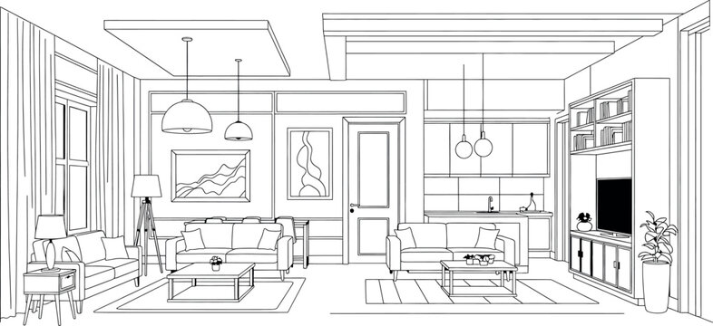 A black and white line drawing of a living room interior isolated on transparent background