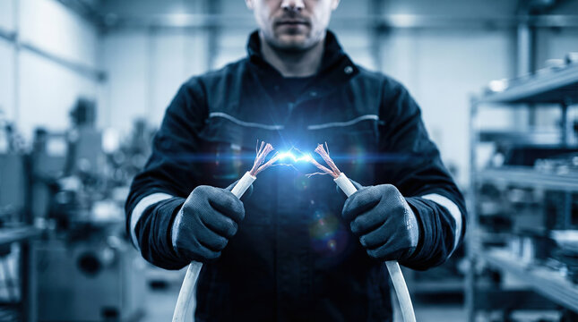 Electrician holding frayed wires with sparks flying, highlighting electrical hazard and danger in industrial setting.