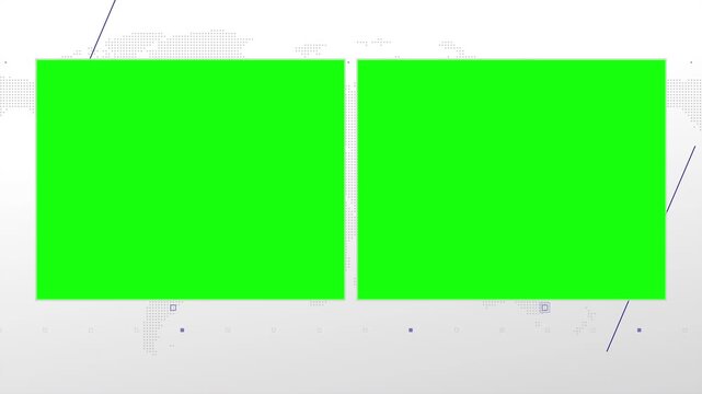 Two box split screen for news, interviews, live broadcast, tv shows, live streaming. Green chroma key cut, 4K loopable world map background with blue elements, simplicity and minimalism design.