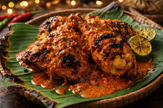 Grilled chicken coated in spicy coconut gravy, served on banana leaf.