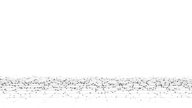 Abstract white technology wave with glowing motion dots above perspective digital grid floor. Futuristic vector wireframe mesh in light cyberspace with big data network connection and dynamic analysis