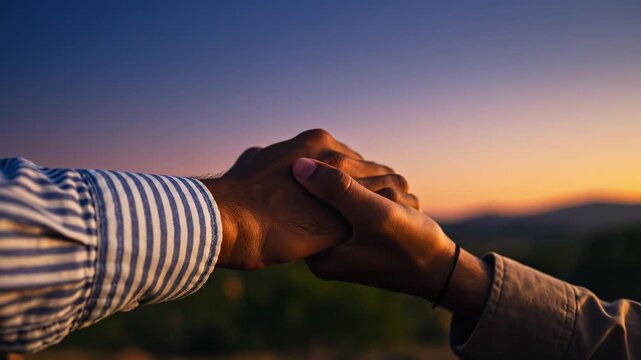 Two hands holding each other at sunset