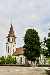 Murten, Kirche, Stadt, Altstadt, r&ouml;misch-katholisch, Ringmauer, Festung, Schloss, Altstadth&auml;user, historische H&auml;user, Rundgang, Sommer, Schweiz