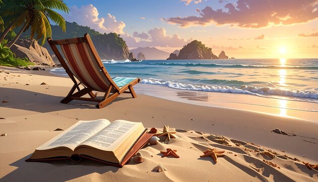 Beach Relaxation - Book and Chair on a Tropical Shoreline.