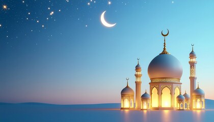 This serene blue 3d rendering shows an illuminated mosque and minarets beneath a starry night sky and crescent moon.