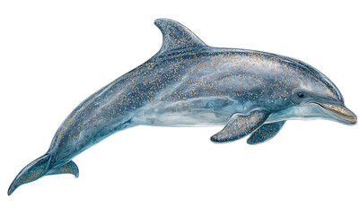 Fototapeta premium A realistic blue dolphin with golden glitter accents swimming gracefully isolated on a transparent background