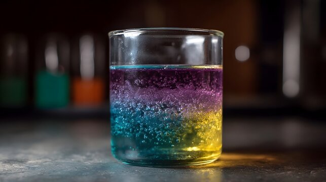 A clear glass beaker containing vibrant layered liquids with bubbles suggesting a science experiment or colorful mixture